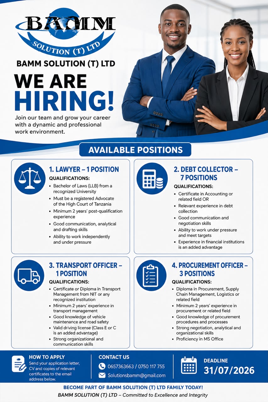 Jobs at BAMM Solution (T) Ltd 2026, Ajira Mpya BAMM Solution (T) Ltd, BAMM Solution (T) Ltd Jobs 2026, Nafasi za Kazi BAMM Solution (T) Ltd
